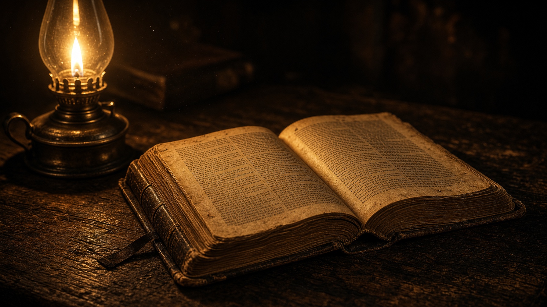 An open Bible lit by a single oil lamp